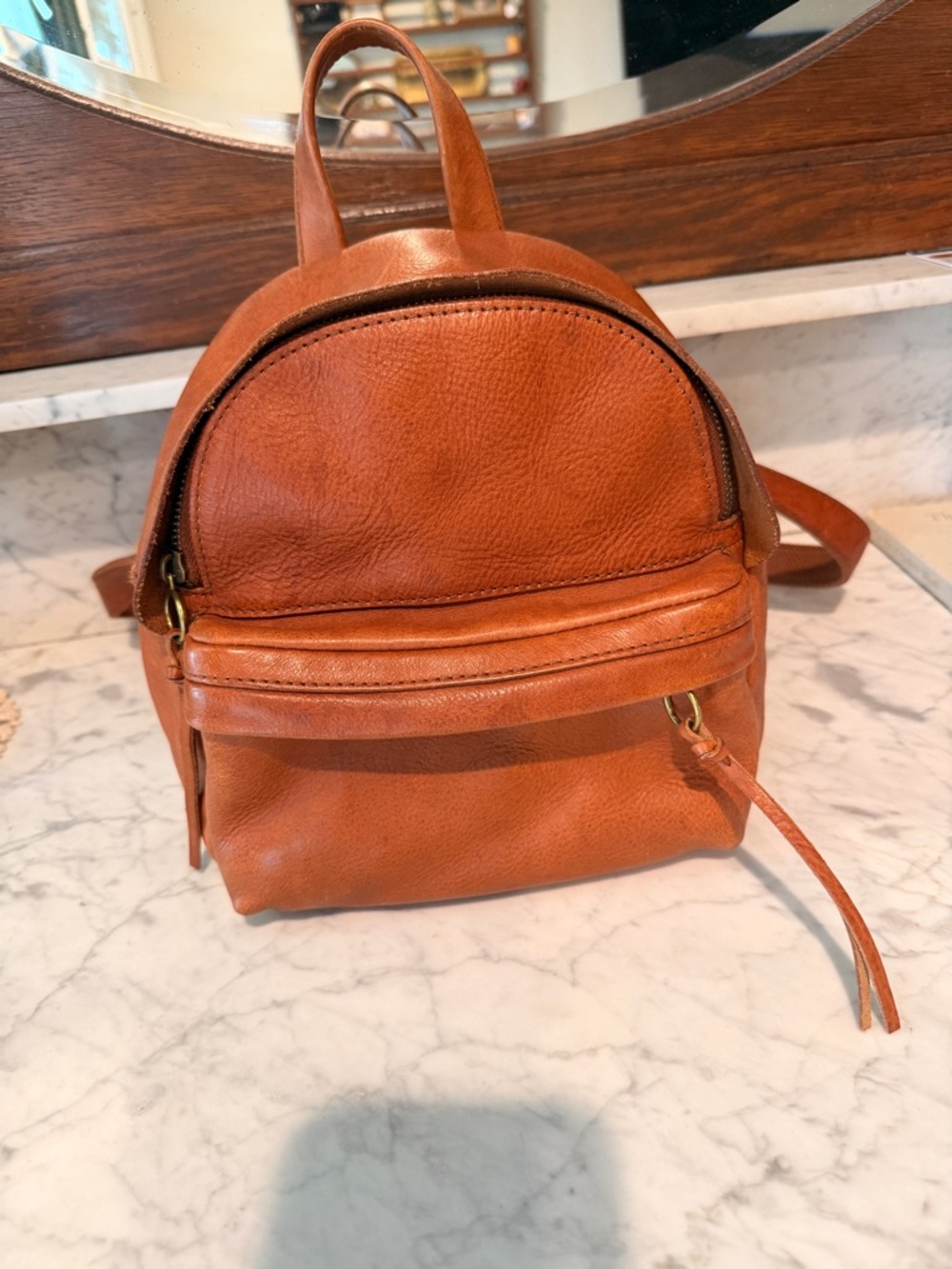 Madewell Mini Lorimer Backpack English Saddle Brown  9x8x3 4” handle drop